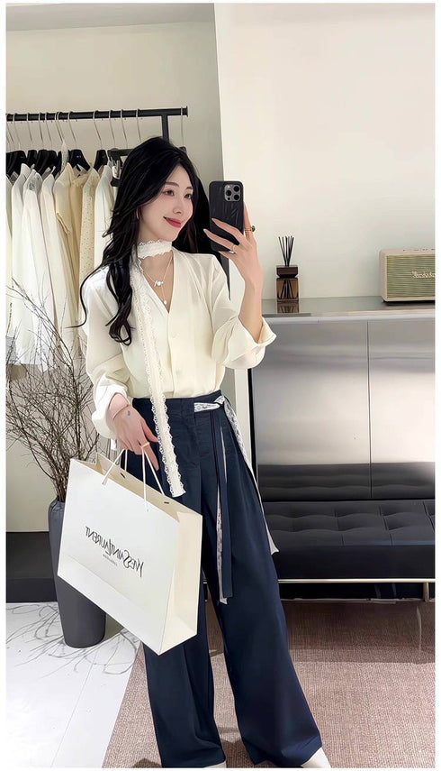 V Neck Design Choker Lace Strap Shirt